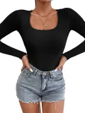 Fall Women's Casual Ribbed Basic Top Solid Color Long Sleeve Tight Fitting Jumpsuit