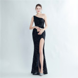 Positional Sequin One Shoulder Side Slit Long Evening Gown