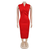 Women's Fashion Solid Color Deep V Sleeveless Pleated Maxi Dress