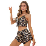 Women's Sensual Leopard Print Suspender Shorts Two Pieces Pajamas Breathable Women's Simulated Silk Homewear