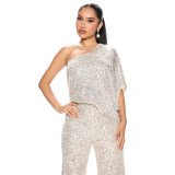 Women's Fall Winter Sleeveless One Shoulder Sequined Jumpsuit