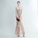 feather sequin velvet side slit long-sleeved evening dress