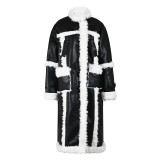 Chaqueta larga australiana de algodón para mujer abrigo de lana de cordero de patchwork de contraste de color y piel de invierno