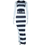 Mode-Streifen-Digitaldruck, ärmellose Weste, sexy, figurbetontes Kleid mit Schlitz