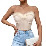 Women's Low Cut Lash Patchwork Cropped Feather Underwire Herringbone Top