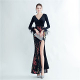 feather sequin velvet side slit long-sleeved evening dress