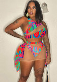 Sexy Printed Colorful Summer Swimsuit See-Through Three-Piece Set