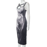 Women Summer Casual Print Irregular Cutout Sleeveless Strap Dress