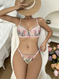 Women Summer Floral Embroidery See-Through Sexy Lingerie Two-Piece Set