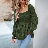 Women Solid Color Square Neck Long Sleeve Shirt