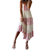 Women Summer Striped Print V-Neck Sleeveless Maxi Dress