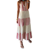 Women Summer Striped Print V-Neck Sleeveless Maxi Dress