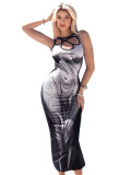 Women Summer Casual Print Irregular Cutout Sleeveless Strap Dress