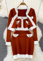 Conjunto de dos piezas de vestido ajustado con tirantes de abrigo tejido en contraste de color con cuello en V para mujer