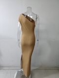 Women Solid Casual Pleated Slash Shoulder Slit Maxi Dress