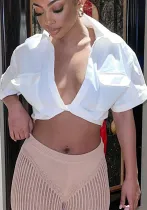 WomenSexy Knot Solid Polo Collar Crop Shirt