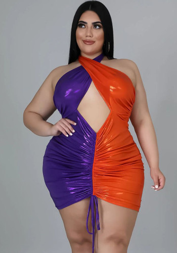 Plus Size Women Sexy Drawstring Pleated Halter Neck Cutout Backless Bodycon Dress