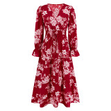 Autumn/Winter V-neck Slim Waist Lace-Up Long Sleeve Floral Dress Long Dress Plus Size Ladies