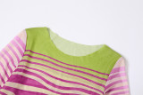 Women's Summer Round Neck Pullover Striped Mesh Print See-Through Sexy Slim Bodycon Dress