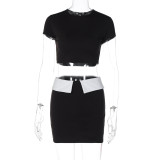Color Contrast Patchwork Two-Piece Fall Women's Short Sleeve Crop Slim Skirt Set