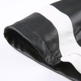 Autumn pu Leather Turndown Collar Zipper Long Sleeve Digital Printing Tight Fitting Cargo Shorts Women