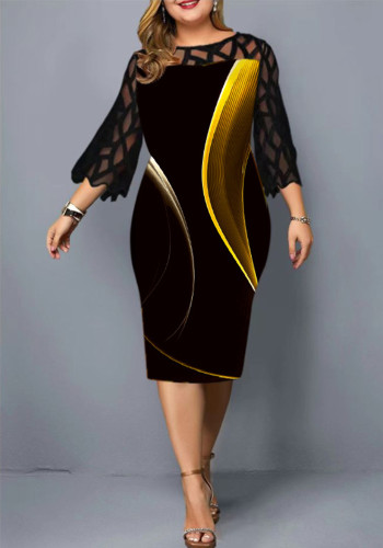 Spring Digital Printing Lace Patchwork Cropped Sleeve Dress Plus Size Ladies