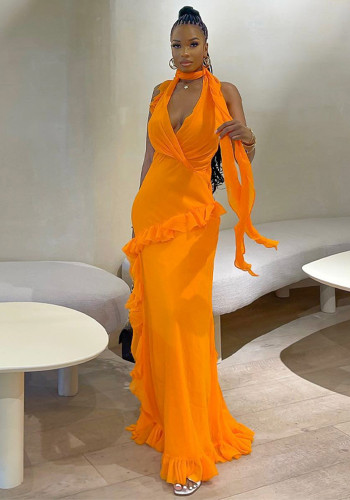 Summer Women's Halter Neck V Neck Maxi Dress Slim Low Back Sexy Pleated Chic Dress