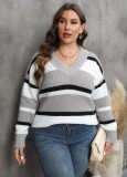 Ladies Pullover Sweater Plus Size Women's Fall Winter V-Neck Contrast Color Patchwork Fashion Sweater