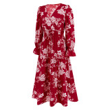 Autumn/Winter V-neck Slim Waist Lace-Up Long Sleeve Floral Dress Long Dress Plus Size Ladies