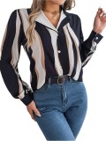 Autumn/Winter Casual  Contrast Stripe Turndown Collar Long Sleeve Shirt Women