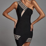 Women's Creative One Shoulder Jacquard Sexy Slim Fit Party Bandage Dress Black