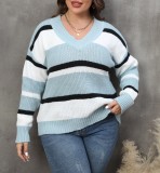 Ladies Pullover Sweater Plus Size Women's Fall Winter V-Neck Contrast Color Patchwork Fashion Sweater