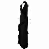 Sommer Damen Neckholder V-Ausschnitt Maxikleid Slim Low Back Sexy Plissee Chic Kleid