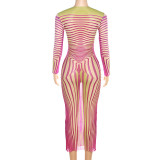 Women's Summer Round Neck Pullover Striped Mesh Print See-Through Sexy Slim Bodycon Dress