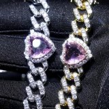 Heart Print Diamond Ladies Necklace Hip Hop 9mm Sweet Pink Zircon Cuban Chain