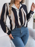 Autumn/Winter Casual  Contrast Stripe Turndown Collar Long Sleeve Shirt Women