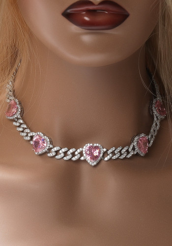 Heart Print Diamond Ladies Necklace Hip Hop 9mm Sweet Pink Zircon Cuban Chain