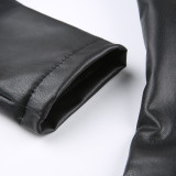 Autumn pu Leather Turndown Collar Zipper Long Sleeve Digital Printing Tight Fitting Cargo Shorts Women