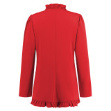 Women's Ruffle Trim Button Down Coat Fall Winter Long Sleeve Short Blazer