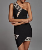 Women's Creative One Shoulder Jacquard Sexy Slim Fit Party Bandage Dress Black