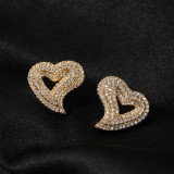Zircon Hollow Heart Print Earrings Retro Light Luxury Fashion Hip-Hop Stud Earrings Exaggerated Style Earrings