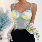 Women's Versatile Fresh Top Contrast Flower Embroidered Chest Lined Cropped Crop Tank Top