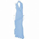 Sommer Damen Neckholder V-Ausschnitt Maxikleid Slim Low Back Sexy Plissee Chic Kleid