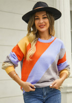 Autumn Winter Sweater Striped Patchwork Fashion Round Neck Sweater Women