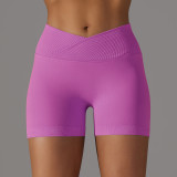 Nahtlose gestrickte, atmungsaktive, einfarbige Yoga-Shorts mit überkreuzter Taille, Laufen, Fitness, Hot-Shorts für Damen
