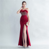 Feather Beaded straps Side Slit formal party Evening Dress