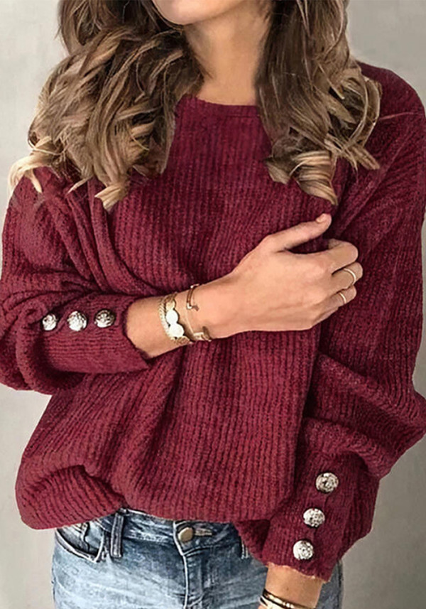 Button knitting shirt autumn and winter loose Round Neck sweater women