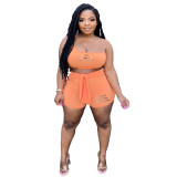 Women's Ripped hollow out Solid one shoulder two piece shorts set