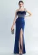 Feather Beaded straps Side Slit formal party Evening Dress