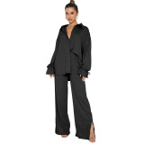 Autumn Winter Solid Turndown Collar Single Breasted Long Sleeve Lace-Up Top Women's Fashion Pant two piece Set